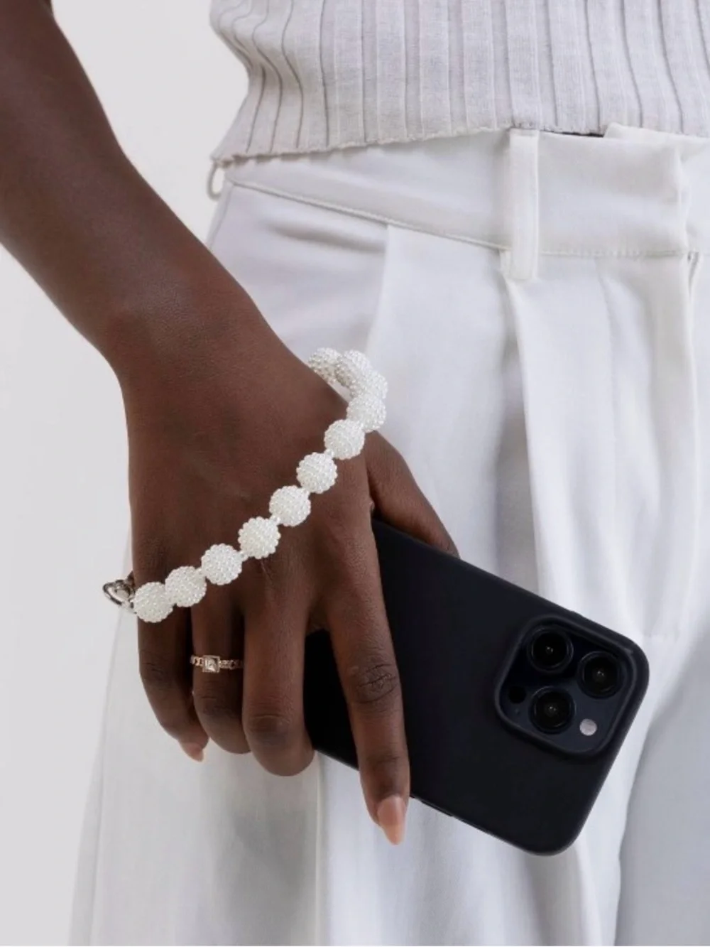 NIB White Beaded Phone Wrist Strap with Silver Clasp